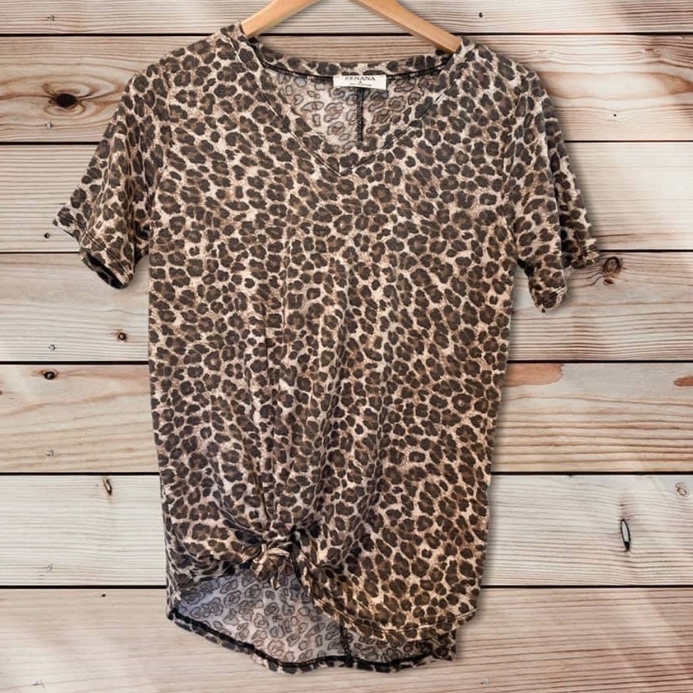 New Leopard Print Brown Tan Black V-Neck Long Length Tee Shirt Top Short Sleeve